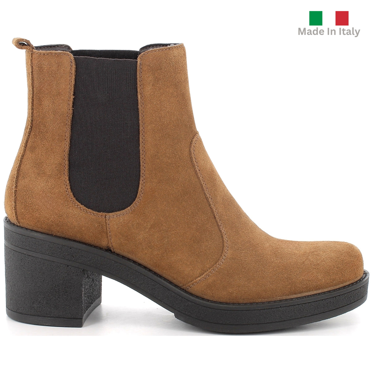 Alpine Swiss Womens Suede Chelsea Boots Made in Italy Block Heel Ankle Booties – Cognac