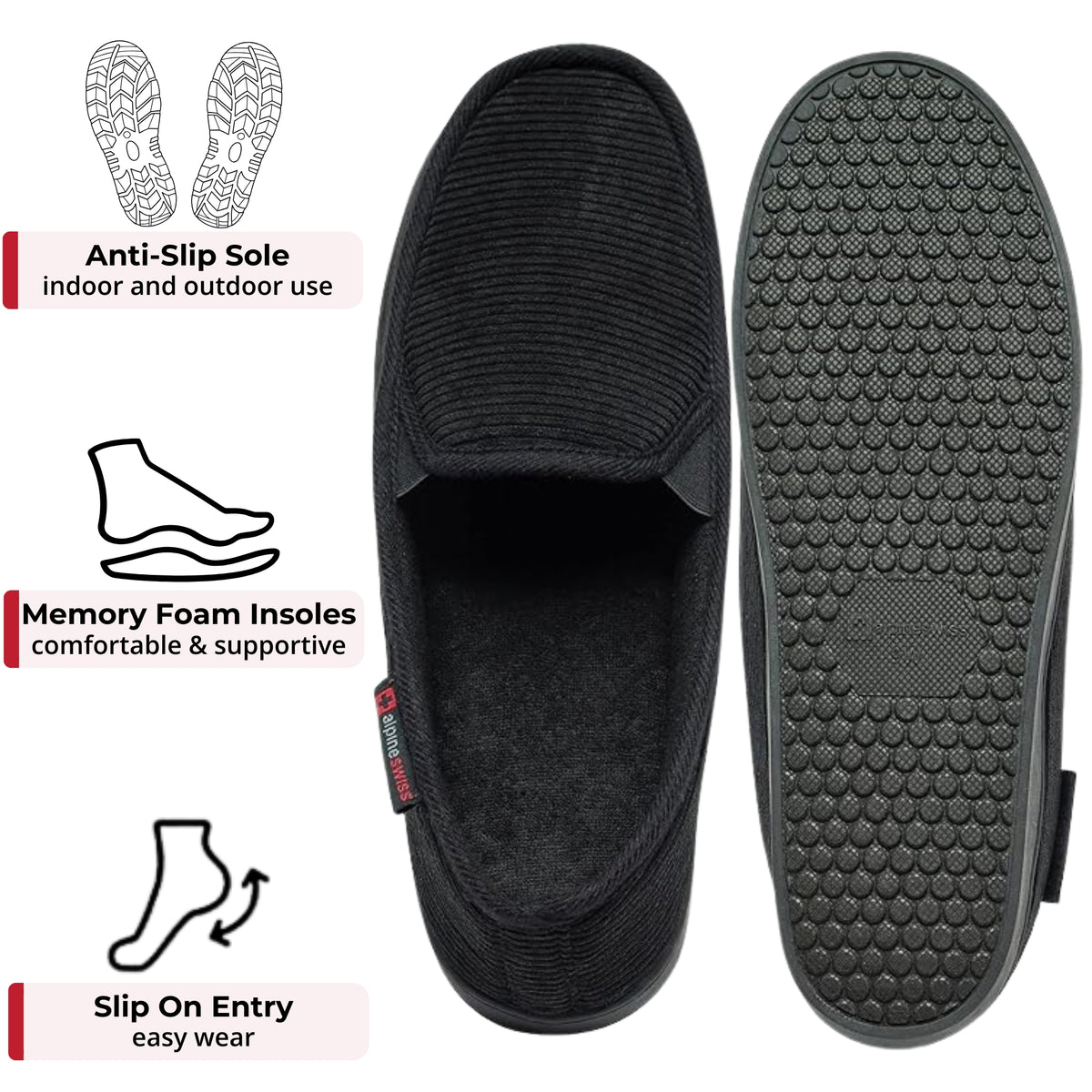 Alpine Swiss Wide Mens Slippers Steve Moccasin House Shoes Memory Foam Insole – Black