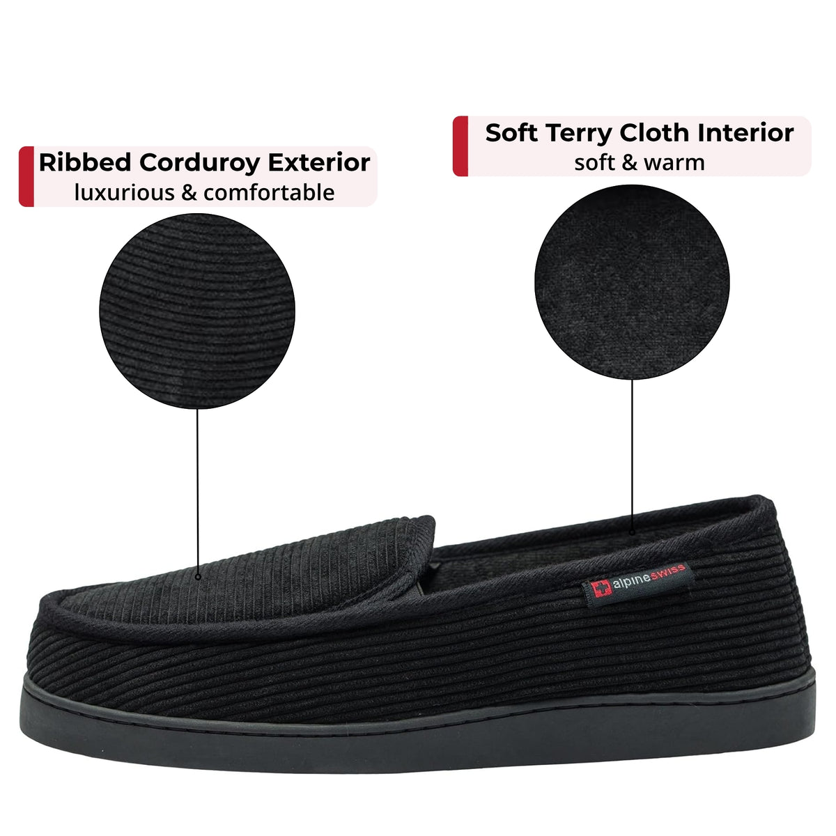 Alpine Swiss Wide Mens Slippers Steve Moccasin House Shoes Memory Foam Insole – Black