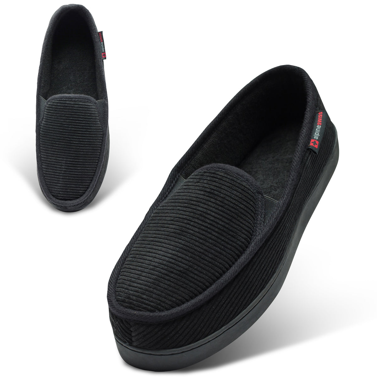 Alpine Swiss Wide Mens Slippers Steve Moccasin House Shoes Memory Foam Insole – Black