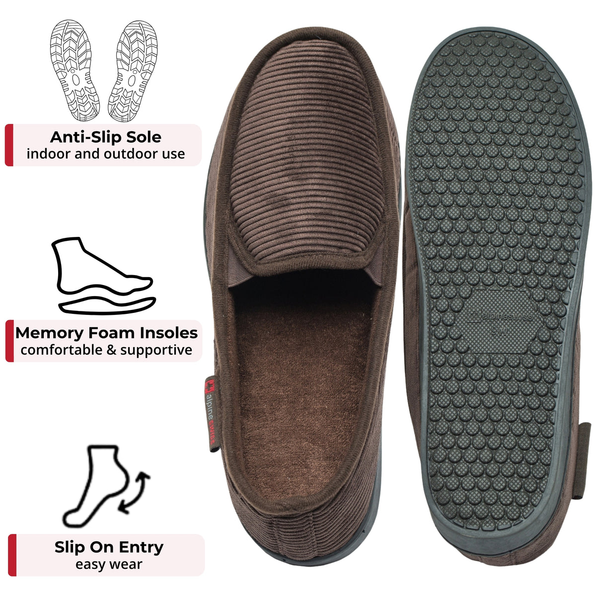 Alpine Swiss Wide Mens Slippers Steve Moccasin House Shoes Memory Foam Insole – Brown