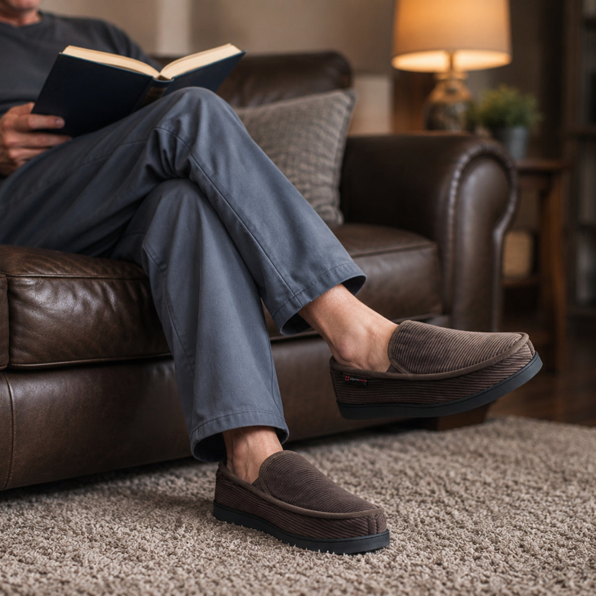 Alpine Swiss Wide Mens Slippers Steve Moccasin House Shoes Memory Foam Insole – Brown