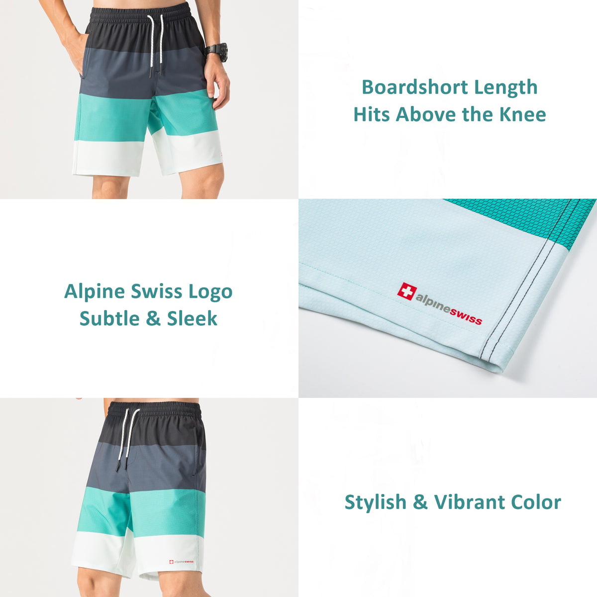 Alpine Swiss Mens Swim Shorts Beach Trunks Boardshorts Volley Shorts Quick Dry – Gray Green Boardshort