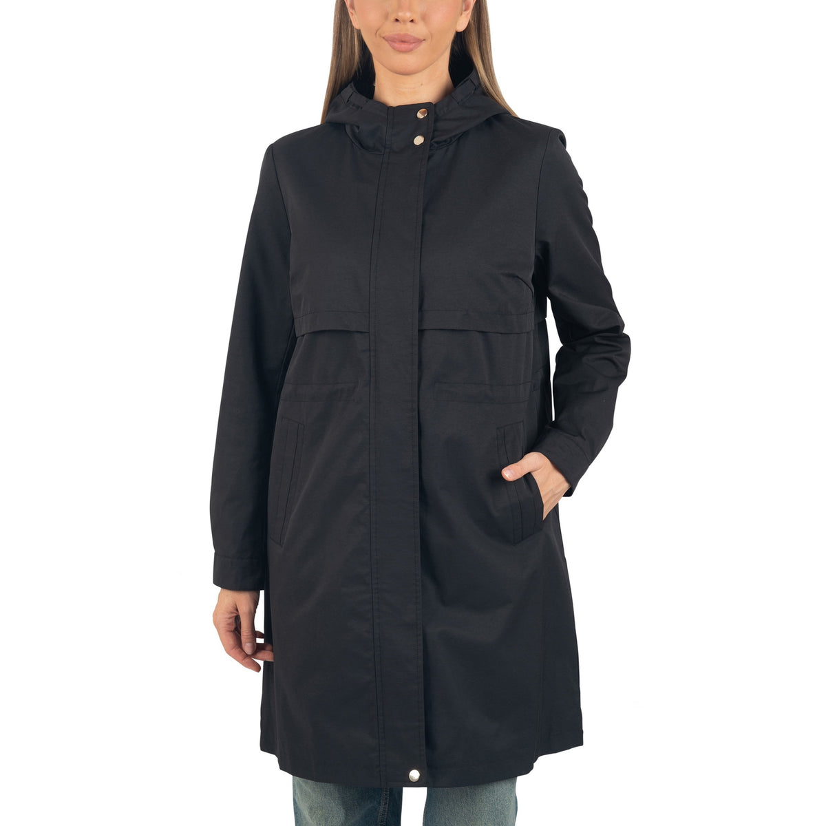 Alpine Swiss Womens Hooded Rain Jacket Long Raincoat Trench Coat Windbreaker – Black