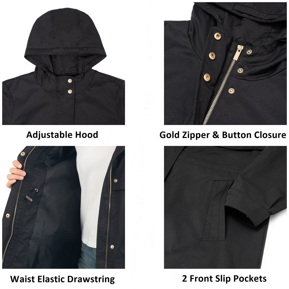 Alpine Swiss Womens Hooded Rain Jacket Long Raincoat Trench Coat Windbreaker – Black