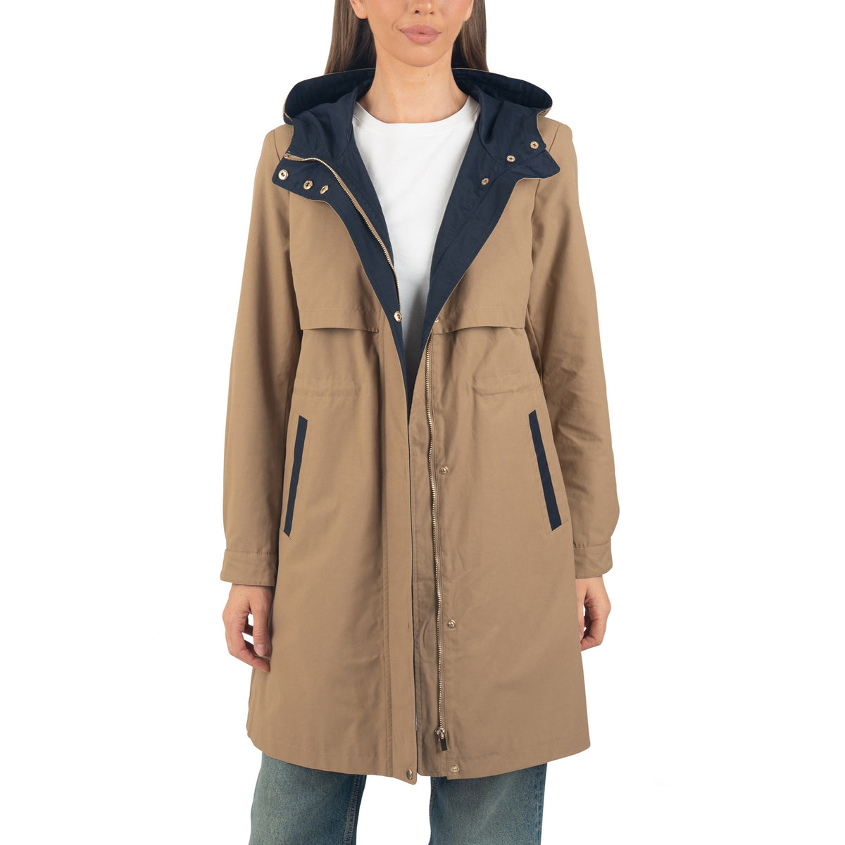 Alpine Swiss Womens Hooded Rain Jacket Long Raincoat Trench Coat Windbreaker – Tan