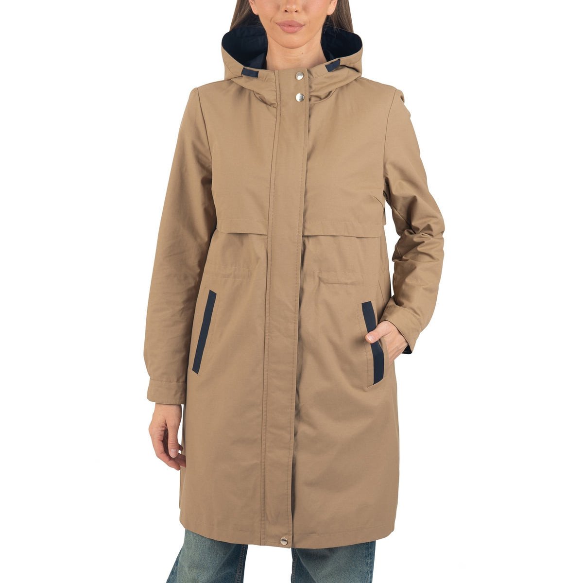 Alpine Swiss Womens Hooded Rain Jacket Long Raincoat Trench Coat Windbreaker – Tan