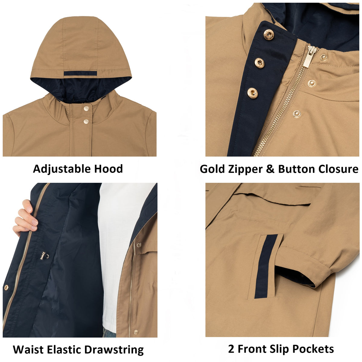 Alpine Swiss Womens Hooded Rain Jacket Long Raincoat Trench Coat Windbreaker – Tan