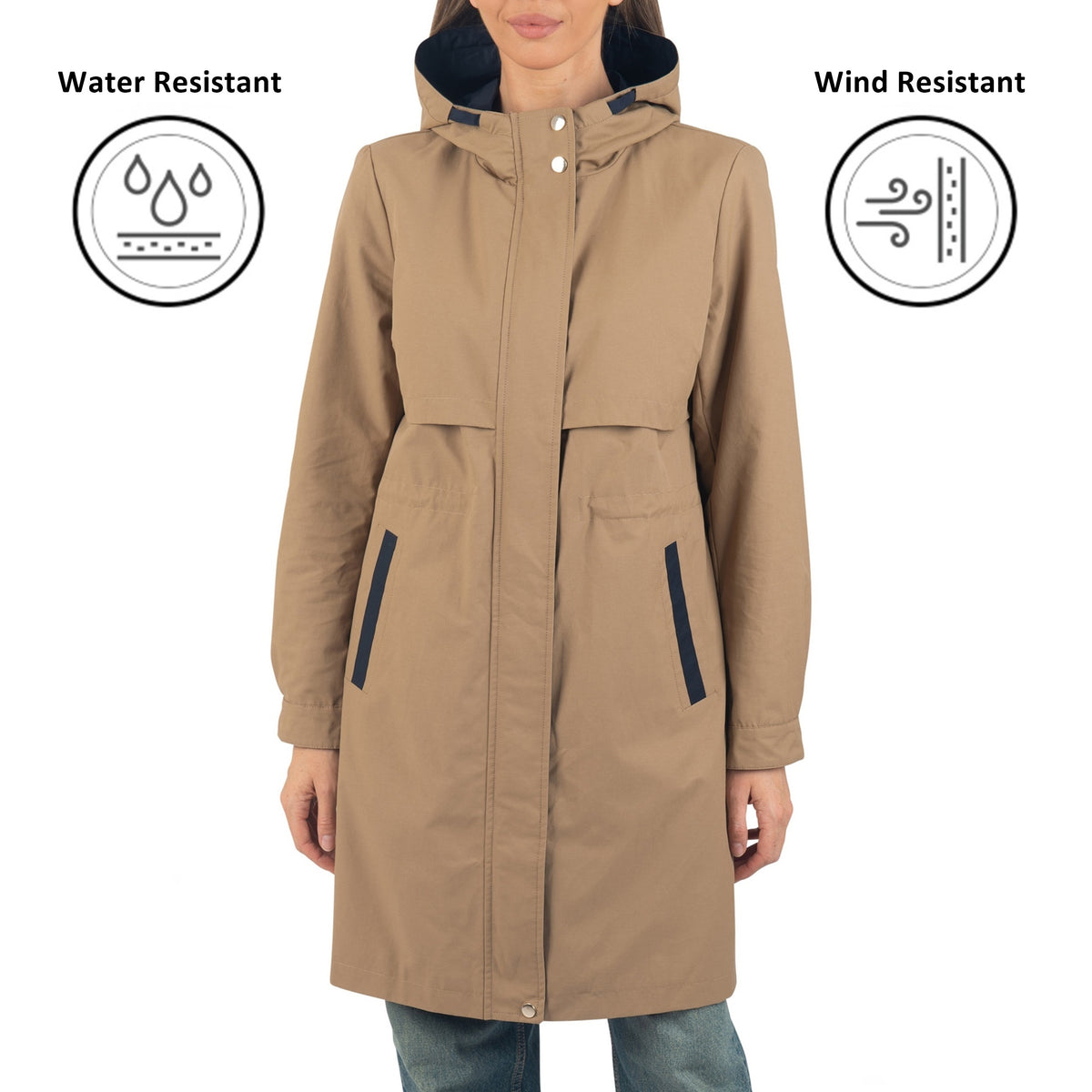 Alpine Swiss Womens Hooded Rain Jacket Long Raincoat Trench Coat Windbreaker – Tan