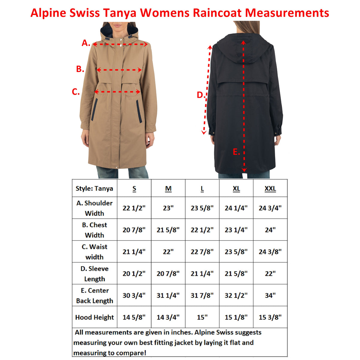 Alpine Swiss Womens Hooded Rain Jacket Long Raincoat Trench Coat Windbreaker – Tan