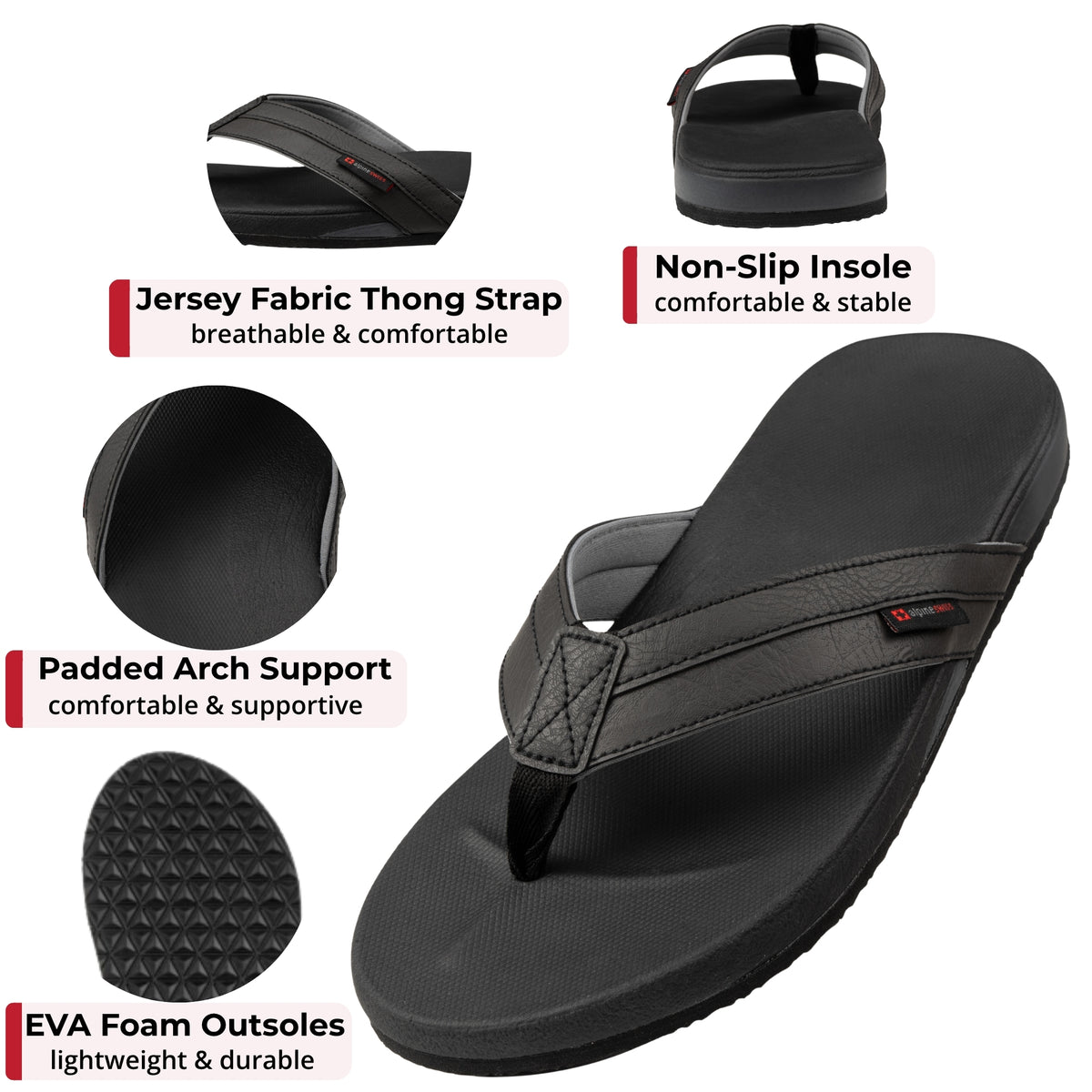 Alpine Swiss Trey Mens Flip Flops Cushion Thong Beach Sandals for Men Non-Slip Sole – Black
