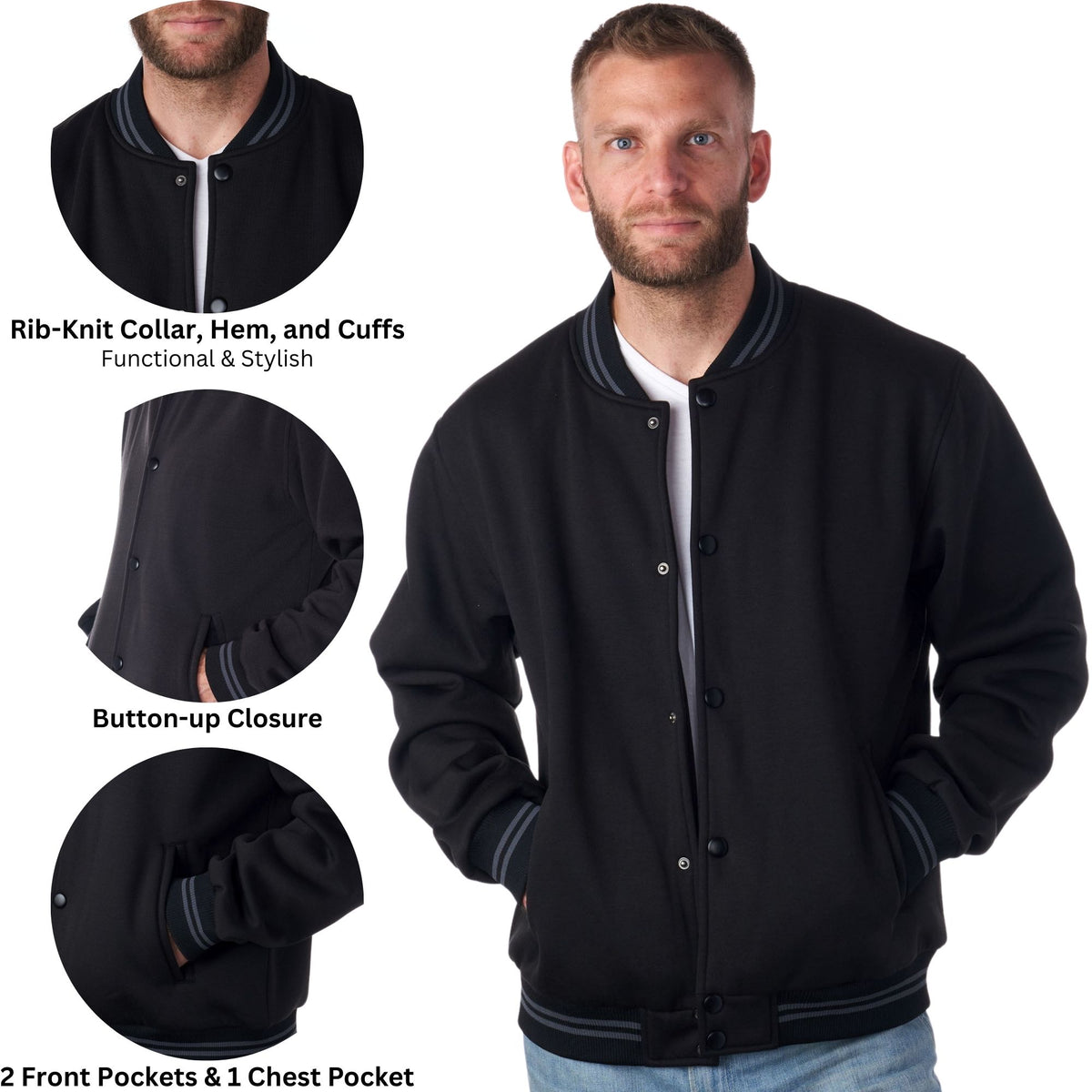 Alpine Swiss Tyler Men’s Varsity Jacket Classic Letterman Coat Baseball Bomber – Black