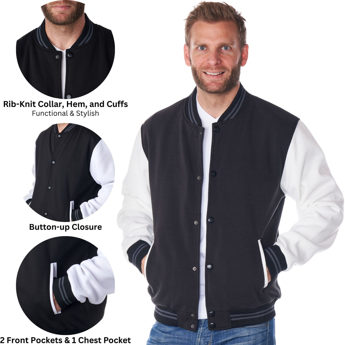 Alpine Swiss Tyler Men’s Varsity Jacket Classic Letterman Coat Baseball Bomber – Black White