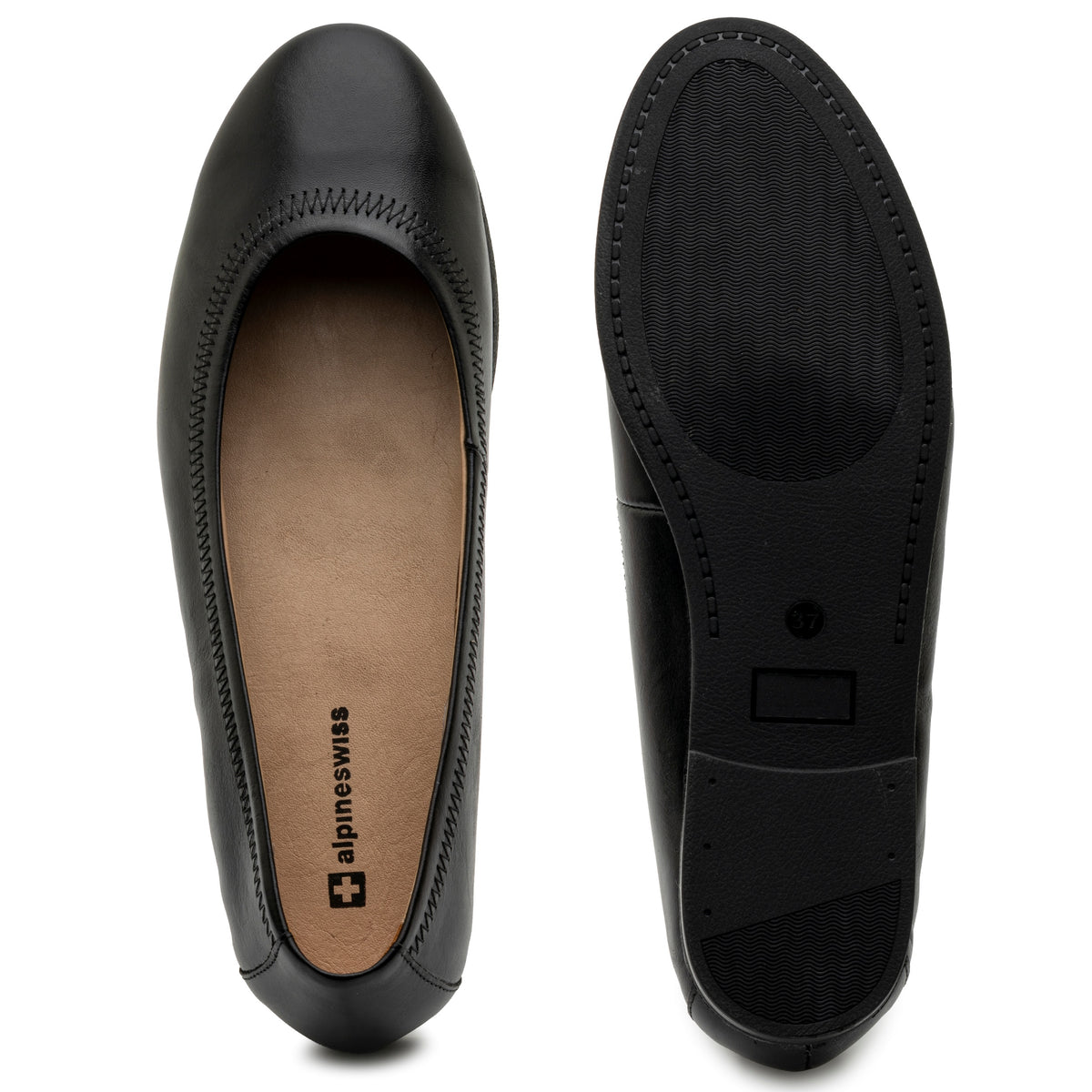 Alpine Swiss Wendy Womens Leather Ballet Flats Classic Round Toe Slip On Shoes – Black Leather