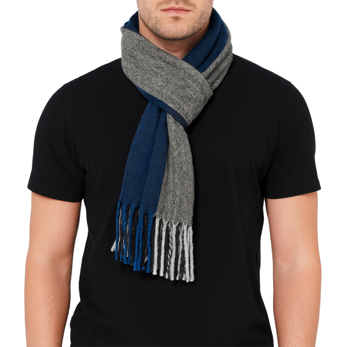 Alpine Swiss Mens Scarf Soft Knit Winter Scarves Plaid Striped or Solid Neck – Black Blue Stripe