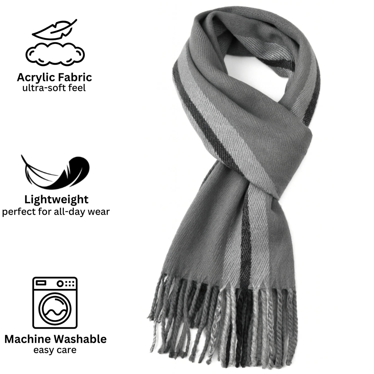 Alpine Swiss Mens Scarf Soft Knit Winter Scarves Plaid Striped or Solid Neck – Gray Stripe