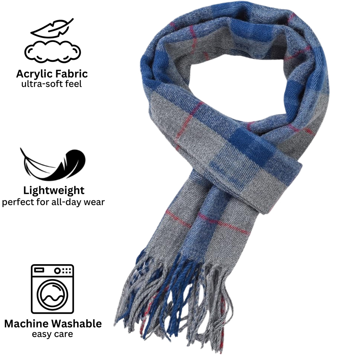 Alpine Swiss Mens Scarf Soft Knit Winter Scarves Plaid Striped or Solid Neck – Blue Gray Plaid
