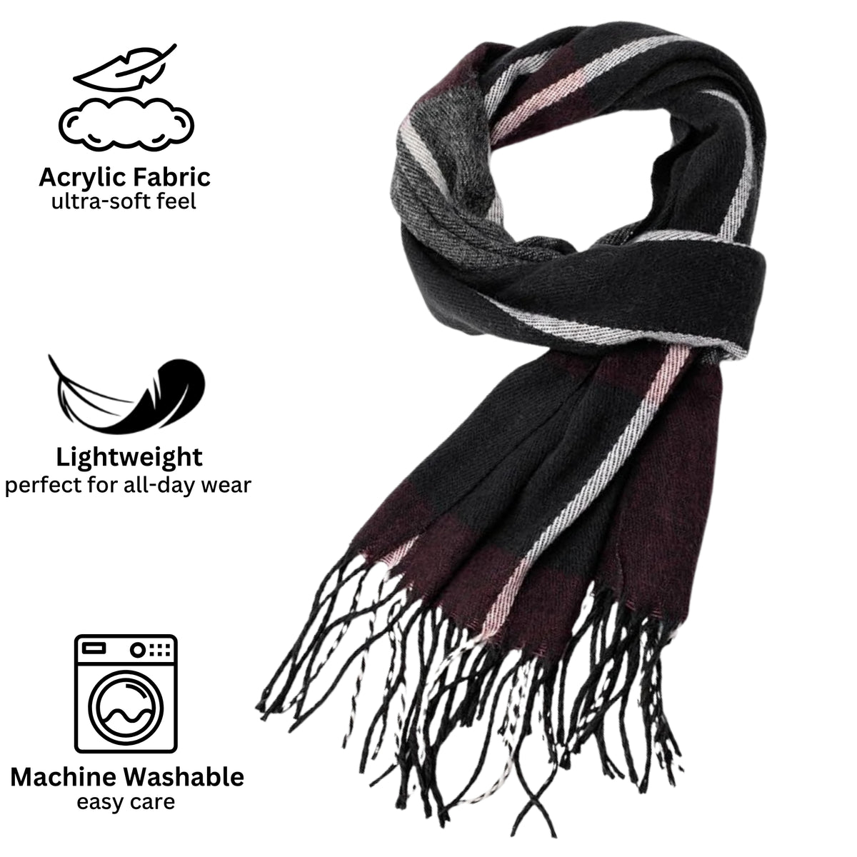 Alpine Swiss Mens Scarf Soft Knit Winter Scarves Plaid Striped or Solid Neck – Navy Gray Maroon