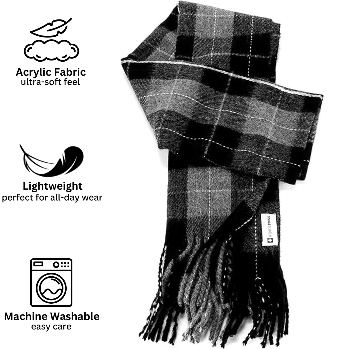 Alpine Swiss Mens Scarf Soft Knit Winter Scarves Plaid Striped or Solid Neck – Gray Plaid