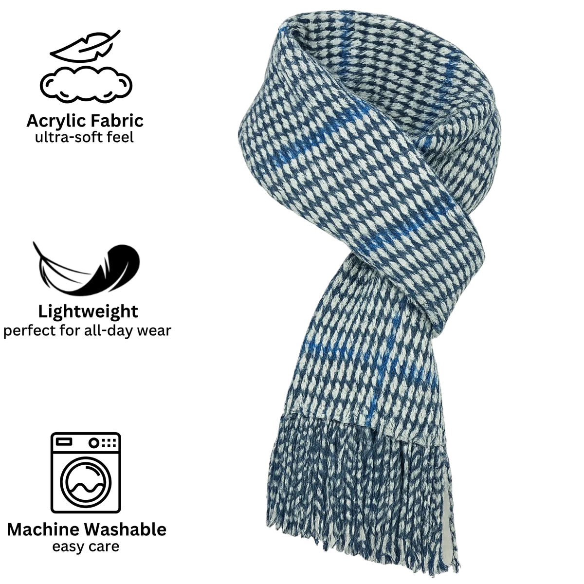 Alpine Swiss Mens Scarf Soft Knit Winter Scarves Plaid Striped or Solid Neck – Blue Houndstooth