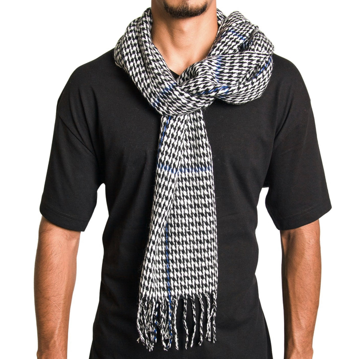 Alpine Swiss Mens Scarf Soft Knit Winter Scarves Plaid Striped or Solid Neck – Blue Houndstooth