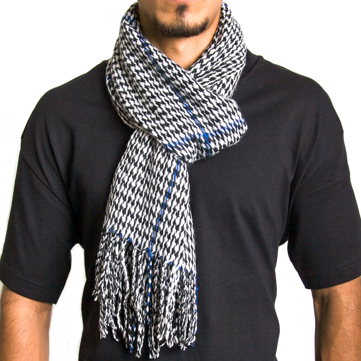 Alpine Swiss Mens Scarf Soft Knit Winter Scarves Plaid Striped or Solid Neck – Blue Houndstooth