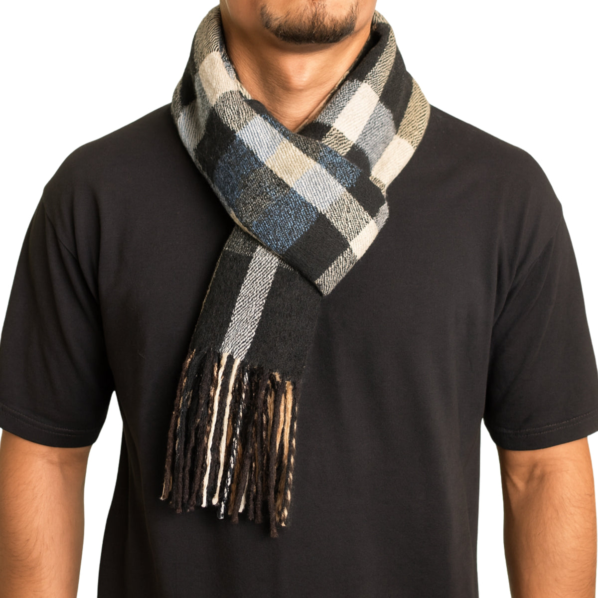 Alpine Swiss Mens Scarf Soft Knit Winter Scarves Plaid Striped or Solid Neck – Black Blue