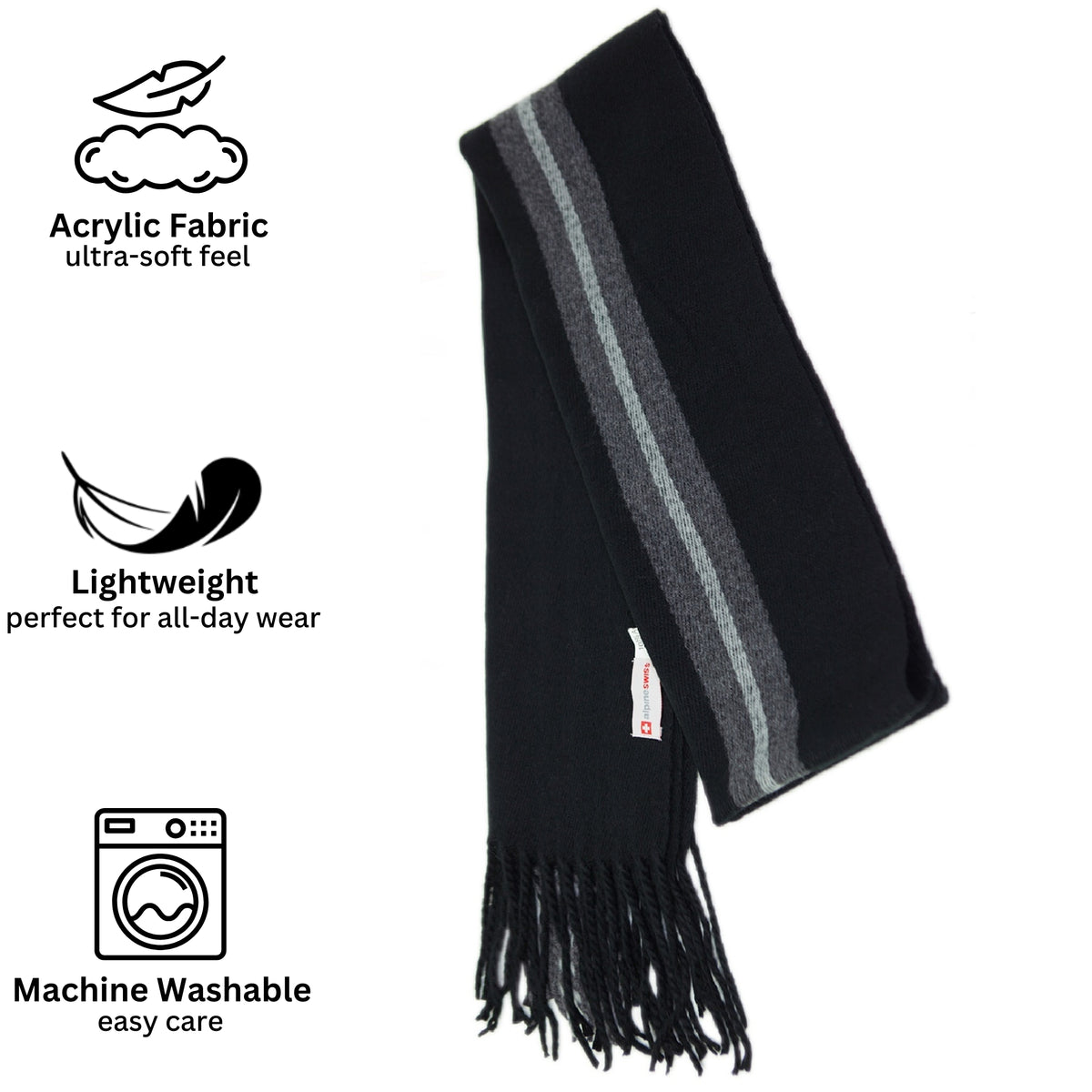 Alpine Swiss Mens Scarf Soft Knit Winter Scarves Plaid Striped or Solid Neck – Black Stripe