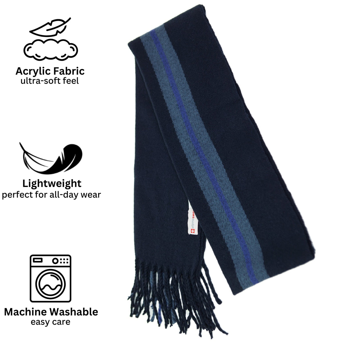 Alpine Swiss Mens Scarf Soft Knit Winter Scarves Plaid Striped or Solid Neck – Navy Stripe