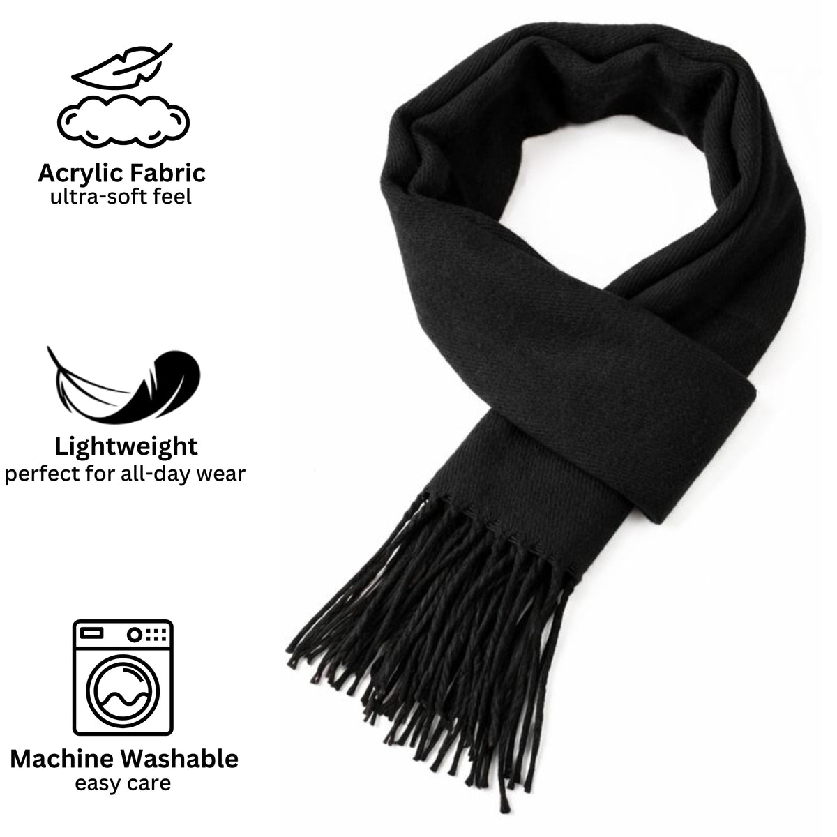 Alpine Swiss Mens Scarf Soft Knit Winter Scarves Plaid Striped or Solid Neck – Solid Black