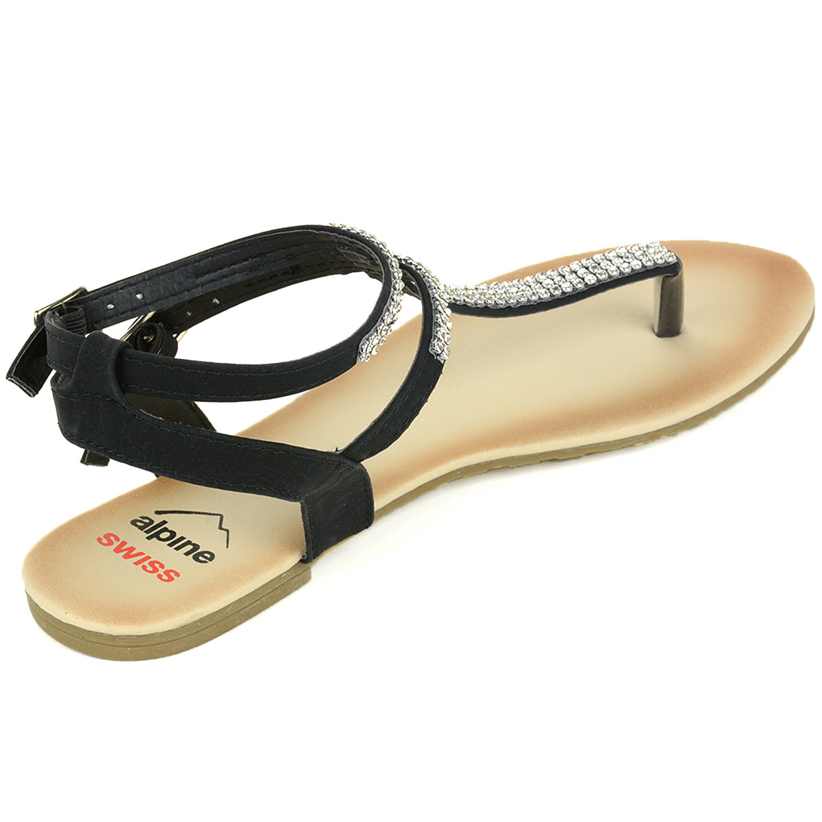 Alpine Swiss Womens Rhinestone T-Strap Sandals Ankle Strap Flat Summer Shoes – Black