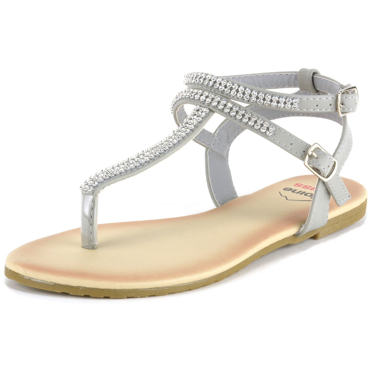 Alpine Swiss Womens Rhinestone T-Strap Sandals Ankle Strap Flat Summer Shoes – Gray
