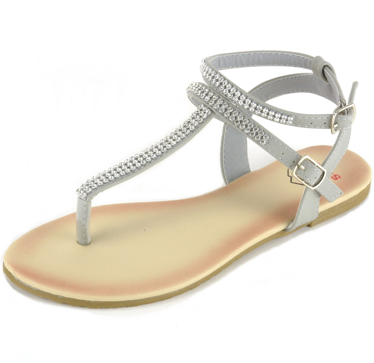 Alpine Swiss Womens Rhinestone T-Strap Sandals Ankle Strap Flat Summer Shoes – Gray