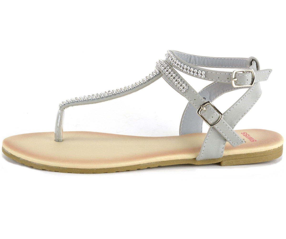 Alpine Swiss Womens Rhinestone T-Strap Sandals Ankle Strap Flat Summer Shoes – Gray