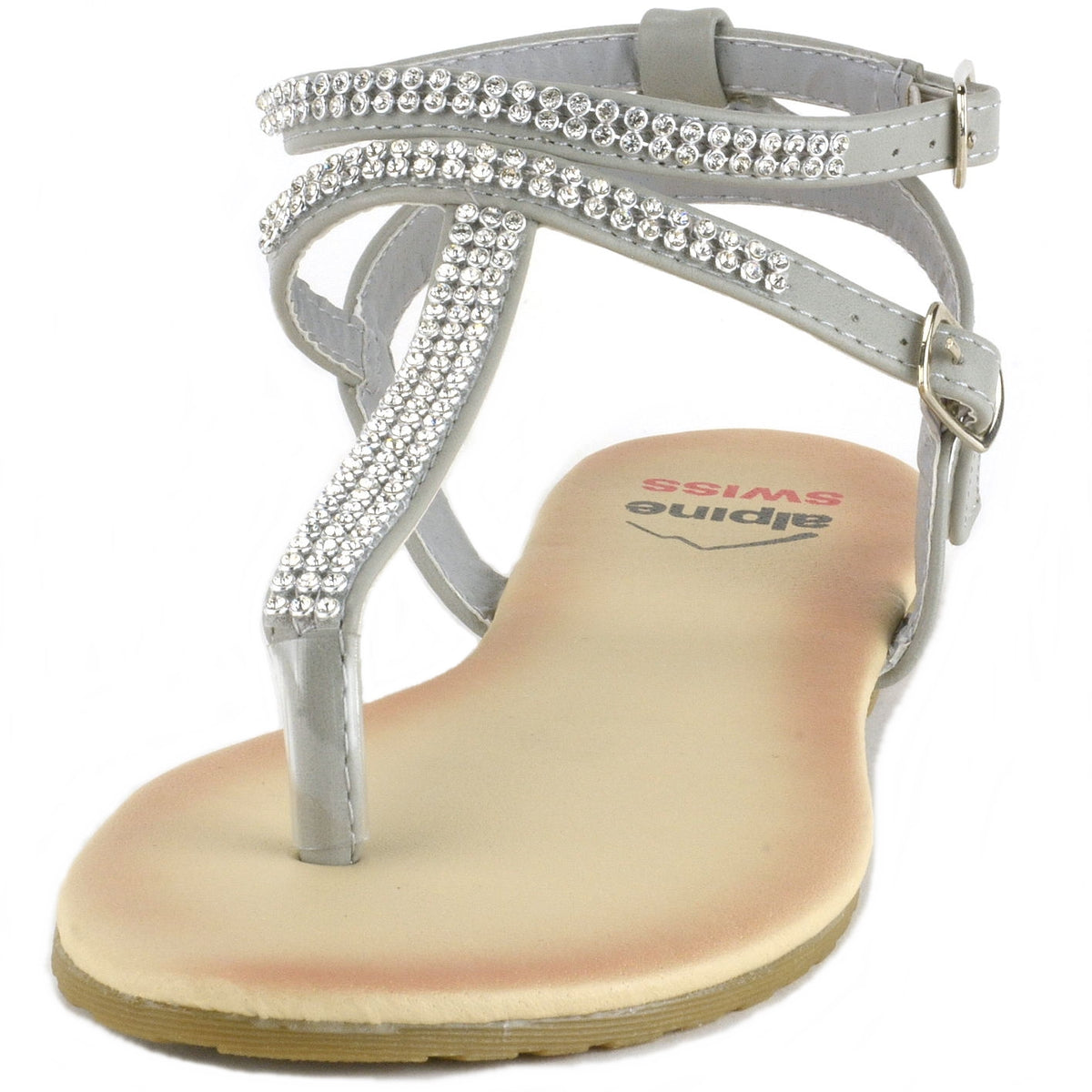Alpine Swiss Womens Rhinestone T-Strap Sandals Ankle Strap Flat Summer Shoes – Gray