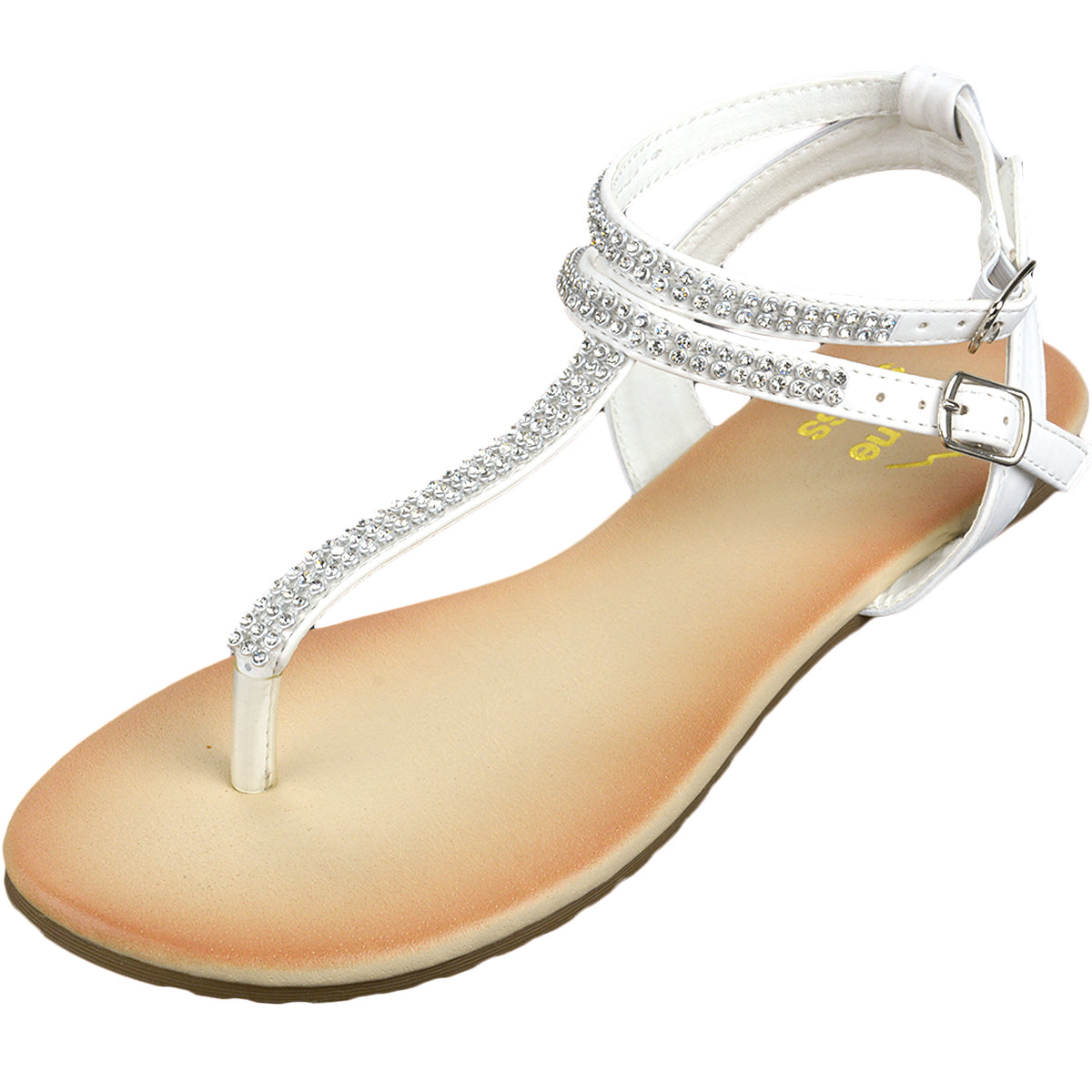 Alpine Swiss Womens Rhinestone T-Strap Sandals Ankle Strap Flat Summer Shoes – White
