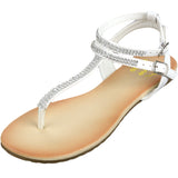 Alpine Swiss Womens Rhinestone T-Strap Sandals Ankle Strap Flat Summer Shoes – White