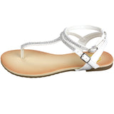 Alpine Swiss Womens Rhinestone T-Strap Sandals Ankle Strap Flat Summer Shoes – White
