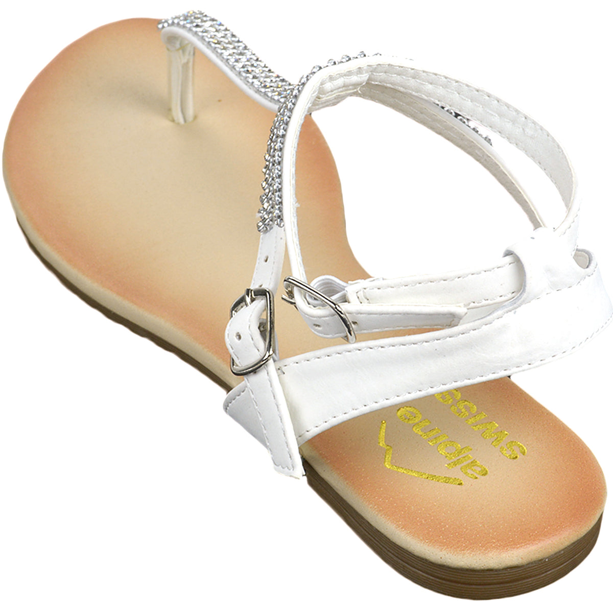 Alpine Swiss Womens Rhinestone T-Strap Sandals Ankle Strap Flat Summer Shoes – White