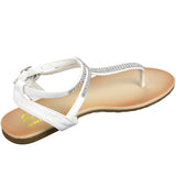 Alpine Swiss Womens Rhinestone T-Strap Sandals Ankle Strap Flat Summer Shoes – White
