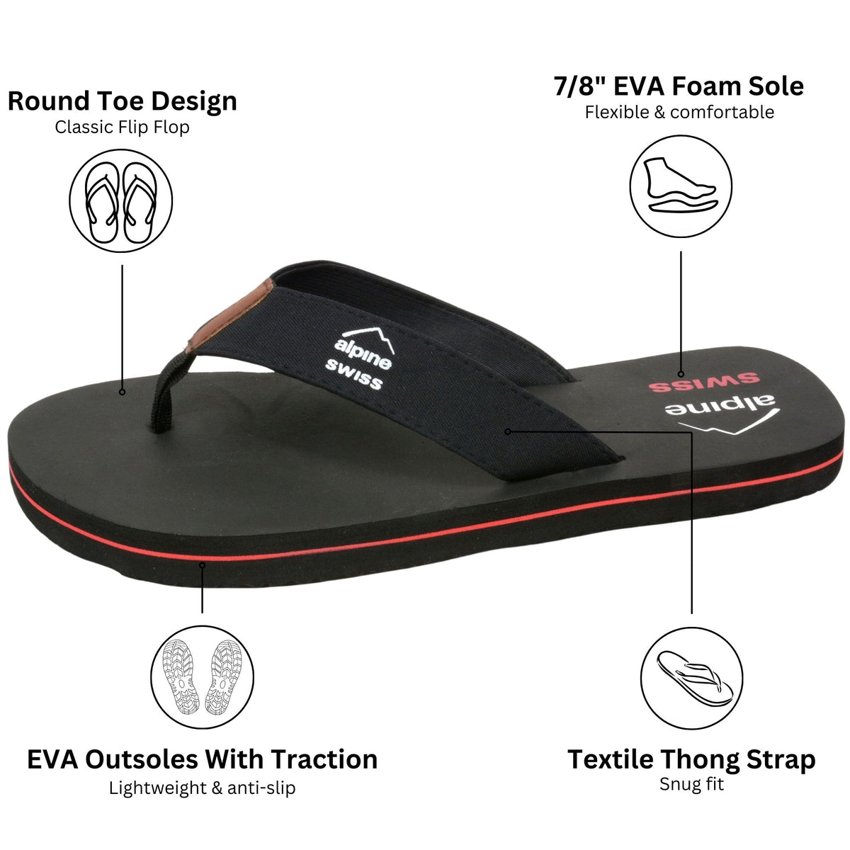 Alpine Swiss Mens Flip Flops Lightweight Thong Sandals Beach Slides EVA Sole for – Black
