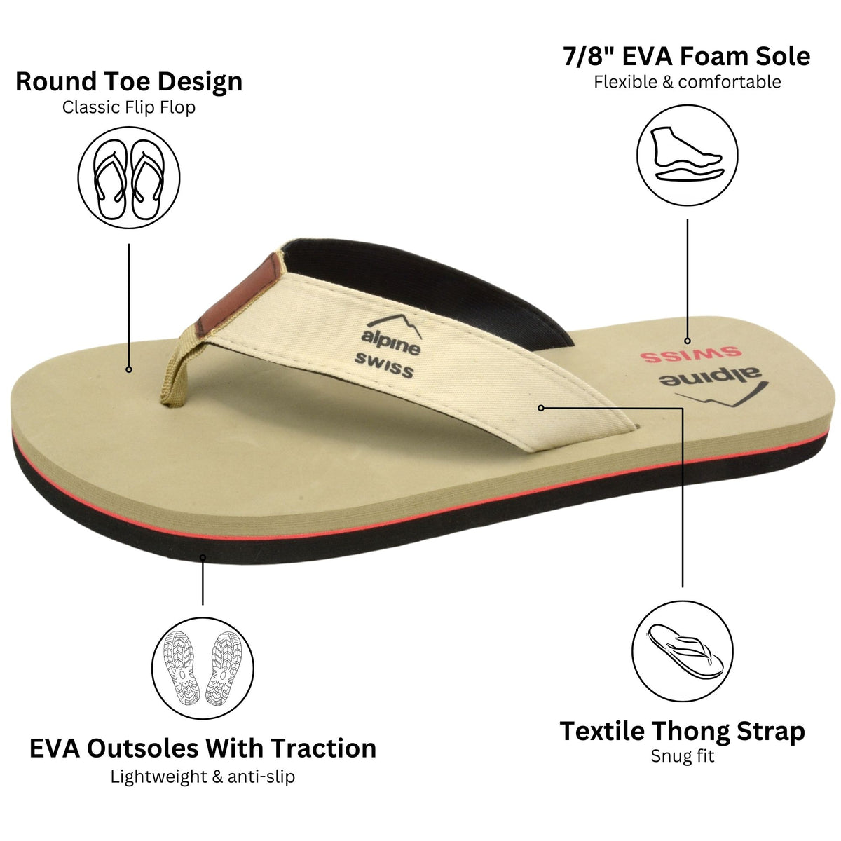 Alpine Swiss Mens Flip Flops Lightweight Thong Sandals Beach Slides EVA Sole for – Tan