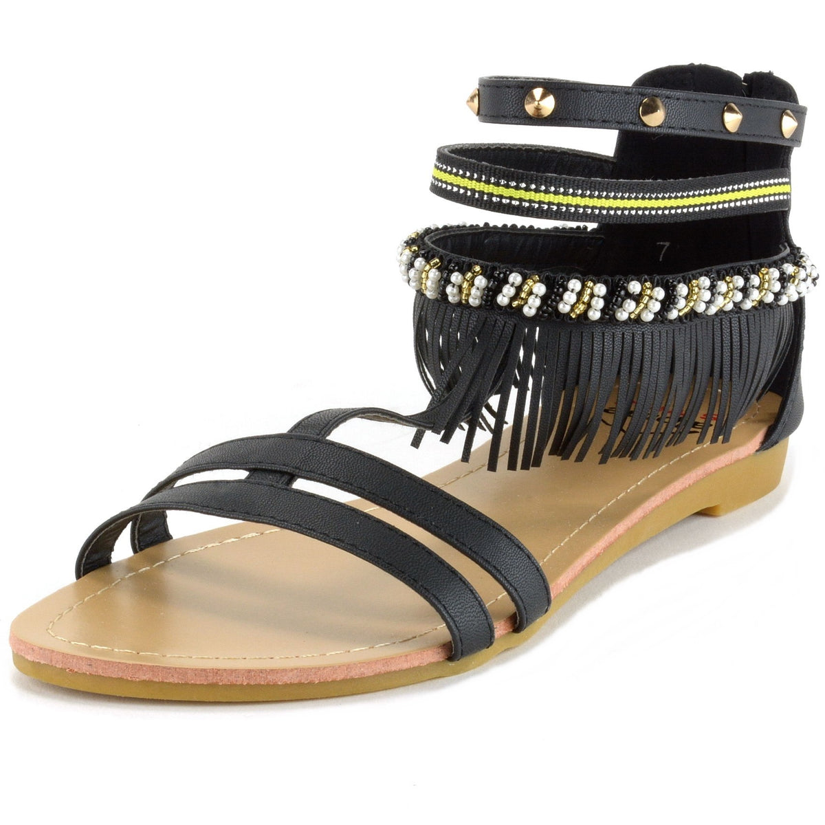 Alpine Swiss Womens Fringe Sandals Beaded & Studded Strappy Gladiator Ankle Flat – Black