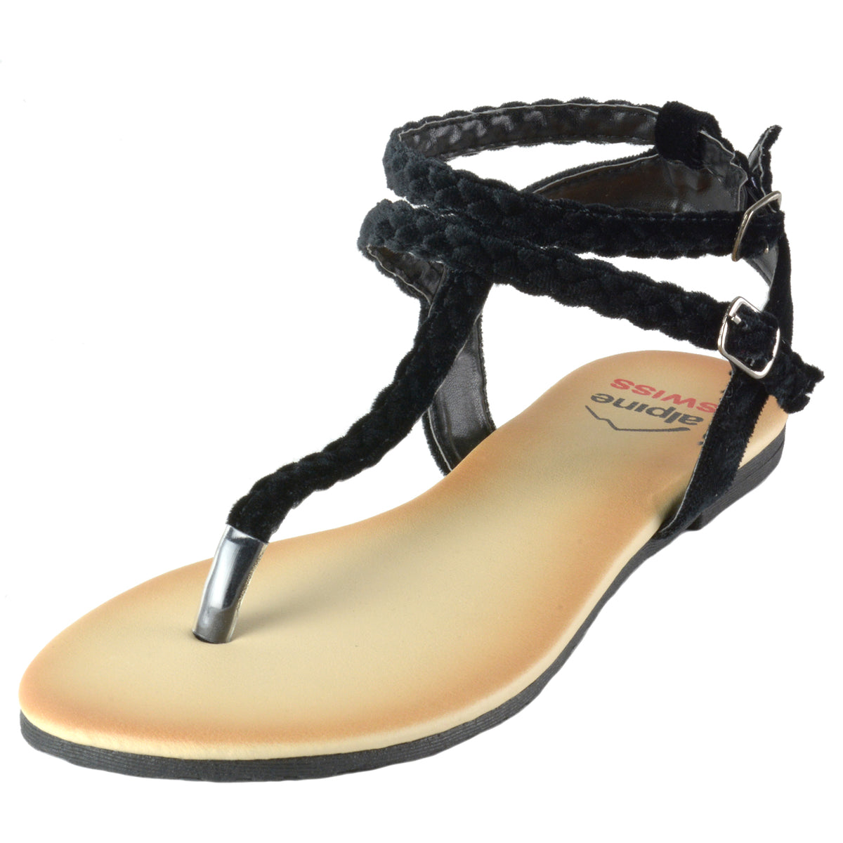 Alpine Swiss Womens Gladiator Sandals Braided T-Strap Slingback Roman Flats – Black