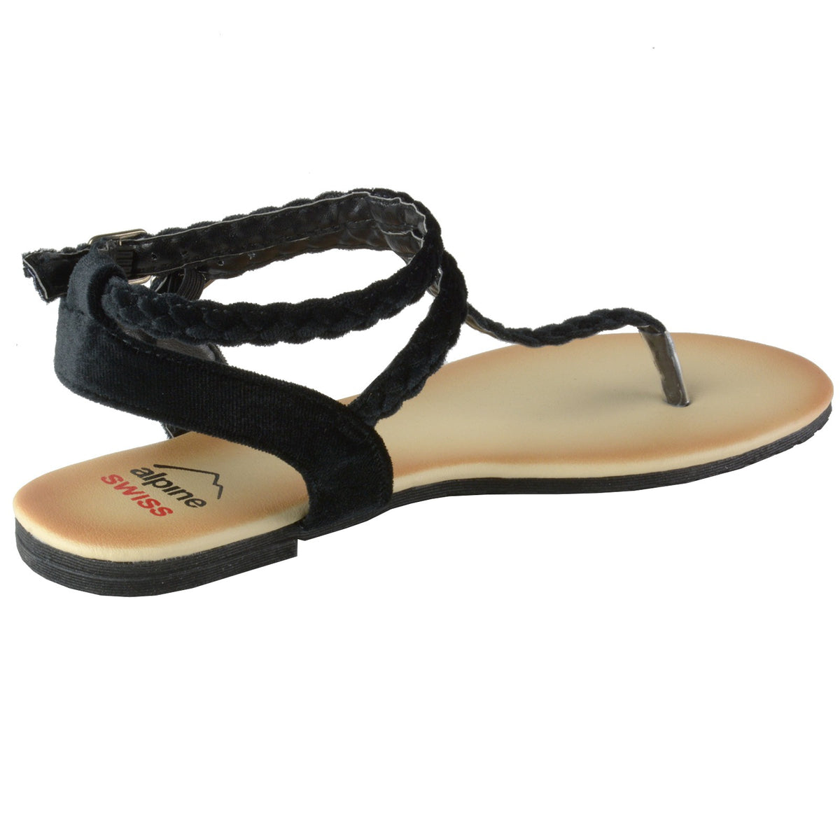 Alpine Swiss Womens Gladiator Sandals Braided T-Strap Slingback Roman Flats – Black