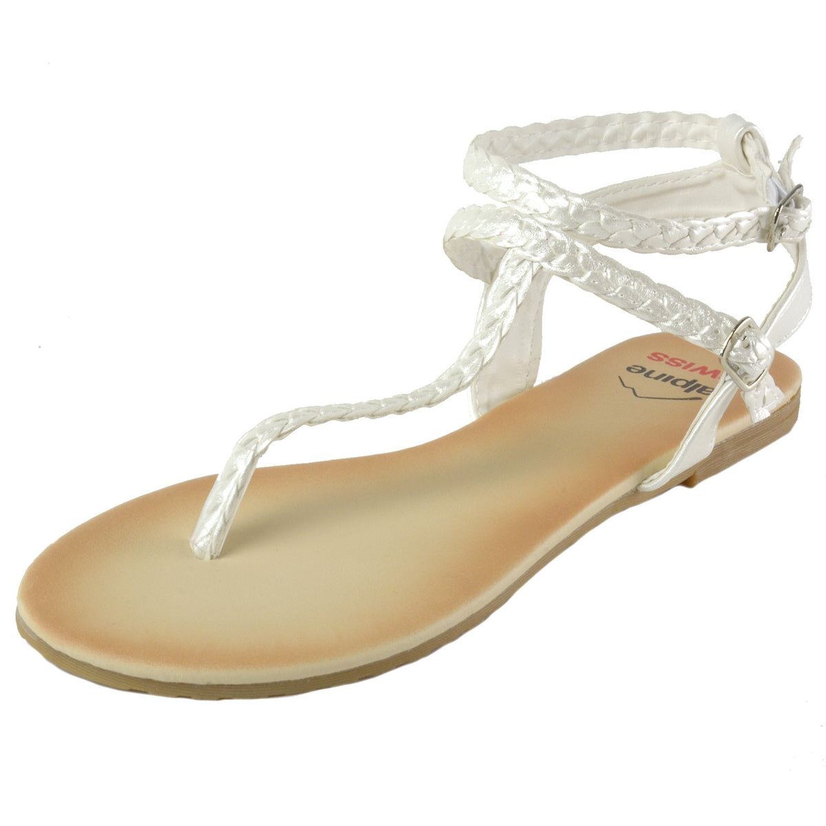 Alpine Swiss Womens Gladiator Sandals Braided T-Strap Slingback Roman Flats – White