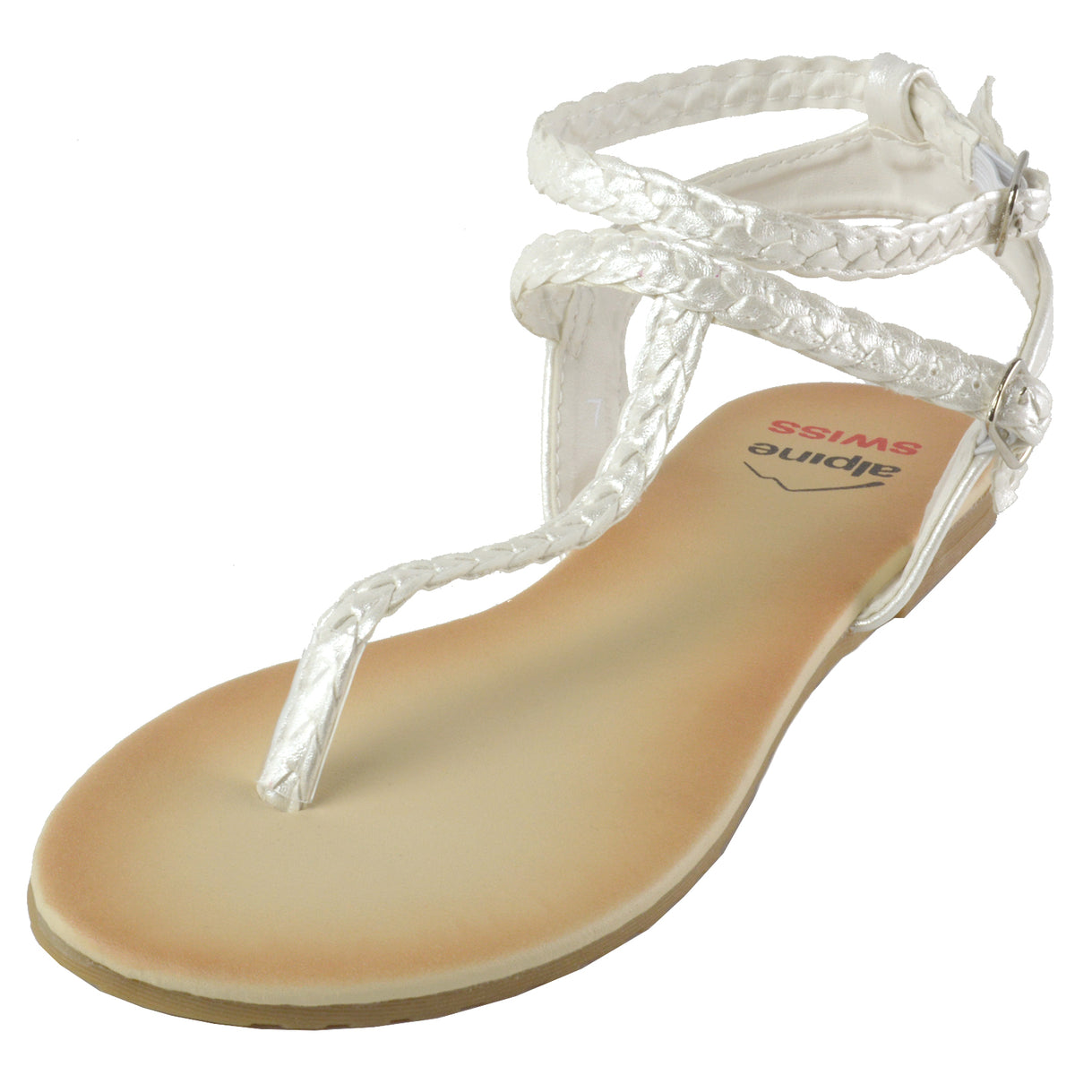 Alpine Swiss Womens Gladiator Sandals Braided T-Strap Slingback Roman Flats – White