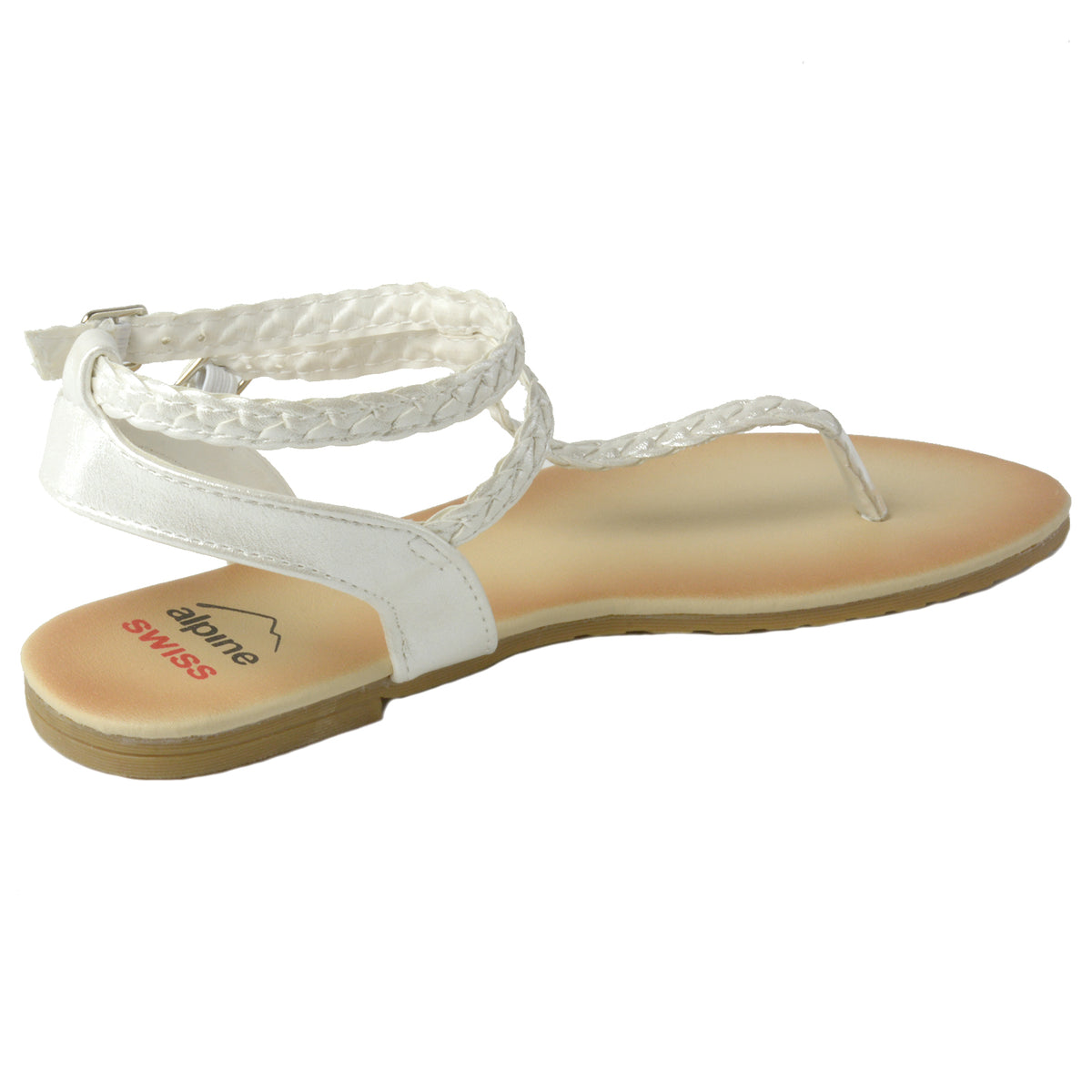 Alpine Swiss Womens Gladiator Sandals Braided T-Strap Slingback Roman Flats – White