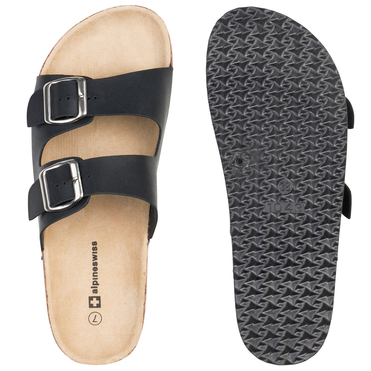 Alpine Swiss Womens Double Strap Contour Sandals Slip on Buckle Slides Vegan Leather – Black