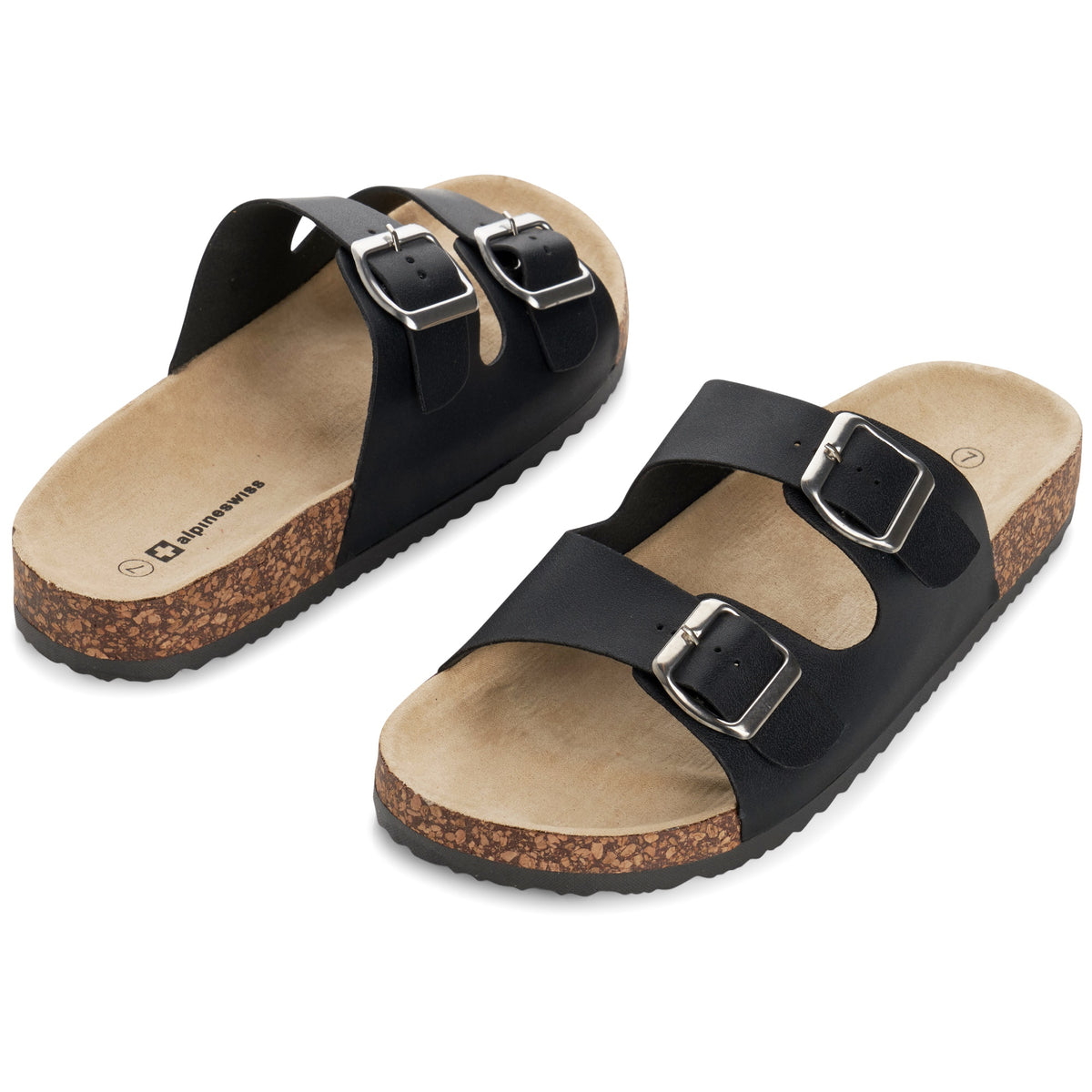 Alpine Swiss Womens Double Strap Contour Sandals Slip on Buckle Slides Vegan Leather – Black